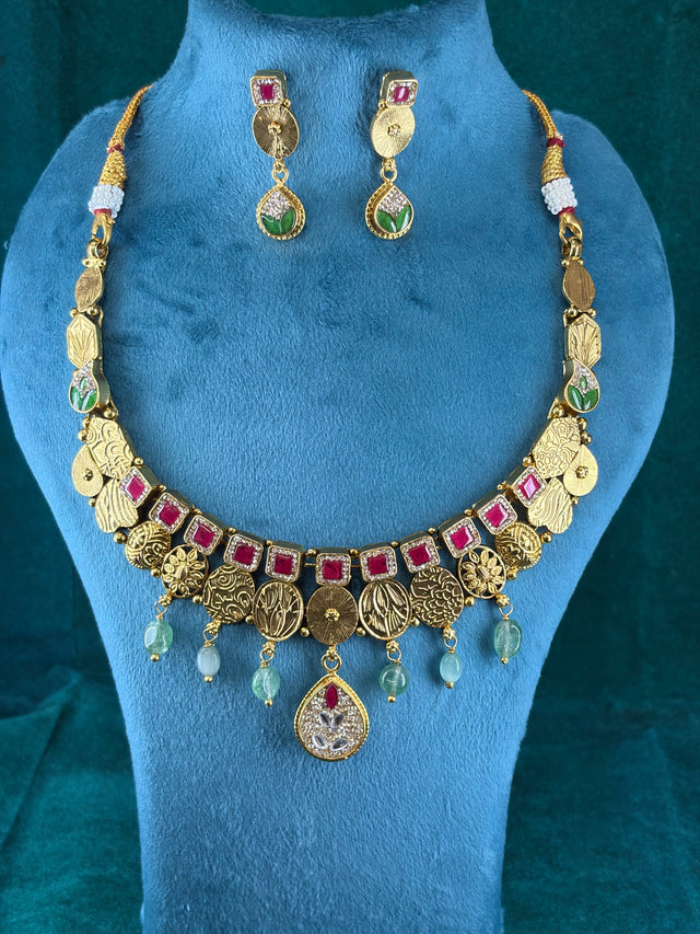 Antique Coin Necklace & Earring Set – Ruby-Tone Enamel, 925 Silver