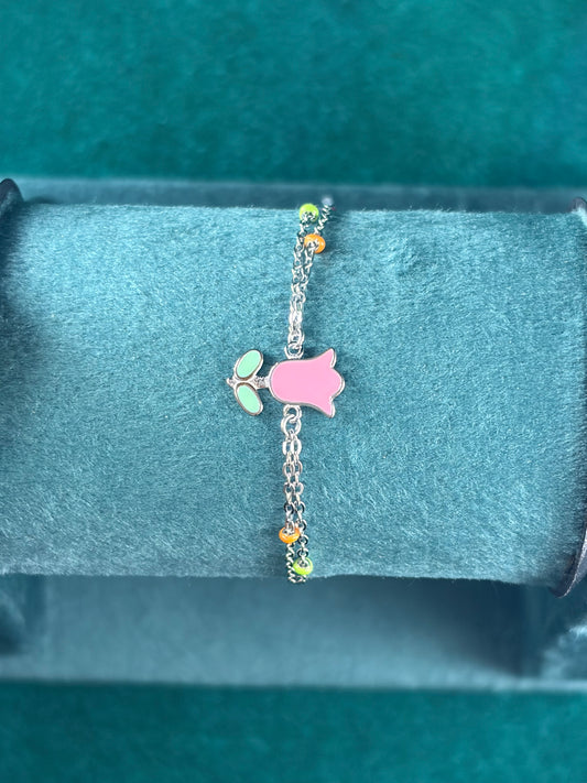 Pink Flower Kids Bracelet – Beaded Charm, 925 Silver