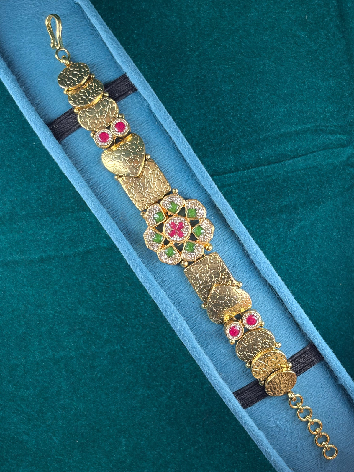 Antique Flower Bracelet – Emerald & Ruby-Tone Medallion, 925 Silver