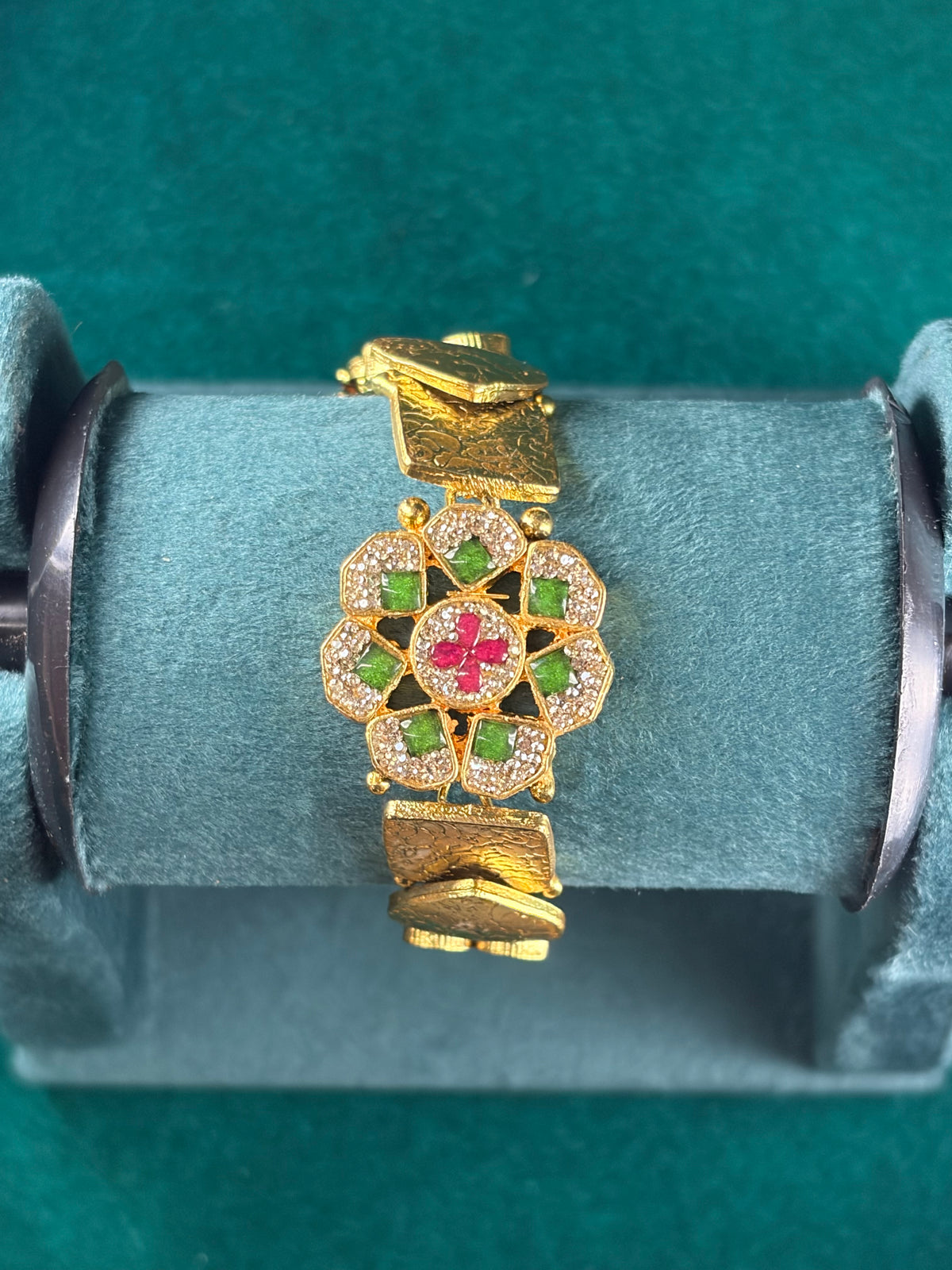 Antique Flower Bracelet – Emerald & Ruby-Tone Medallion, 925 Silver