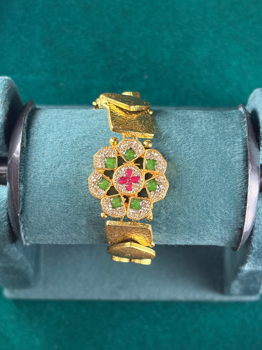 Antique Flower Bracelet – Emerald & Ruby-Tone Medallion, 925 Silver