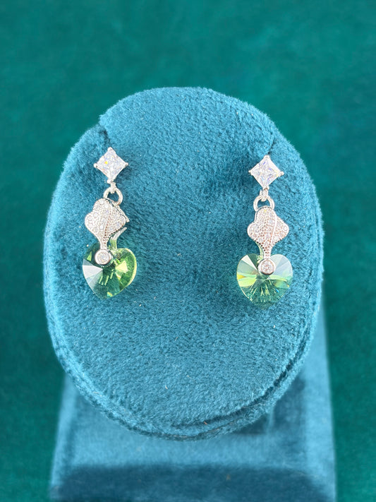Green Crystal Heart Danglers – Ornate Link, 925 Silver