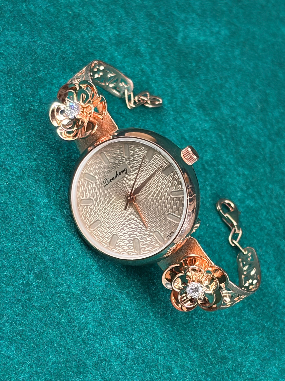 Guilloche Dial Watch – Rose-Gold Mesh, 925 Silver
