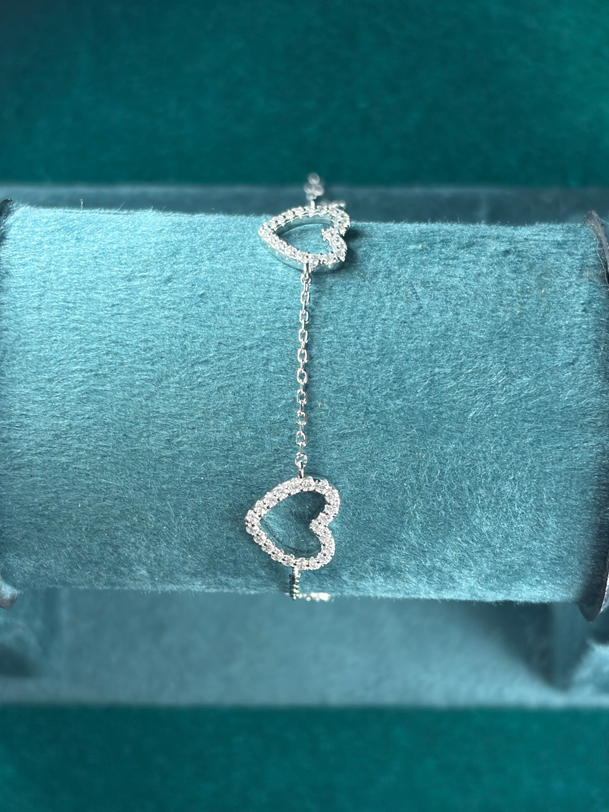 Double Heart Chain Bracelet – Open Pave Hearts, 925 Silver