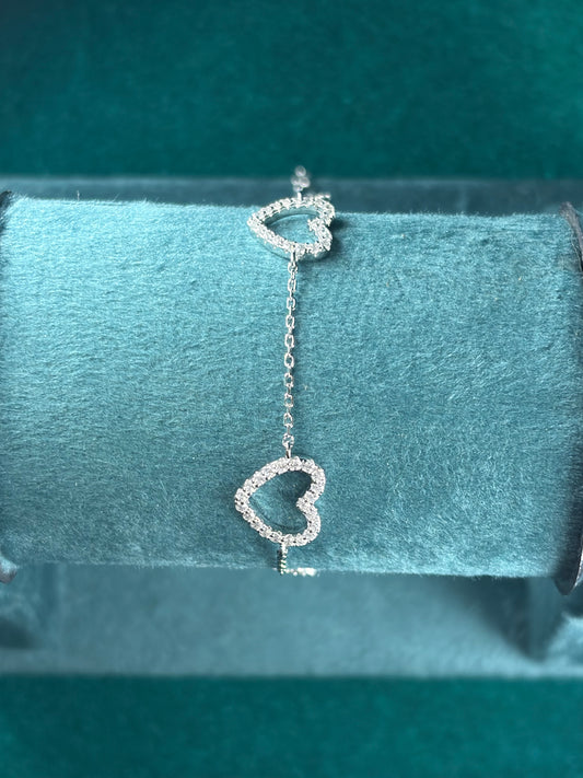 Double Heart Chain Bracelet – Open Pave Hearts, 925 Silver