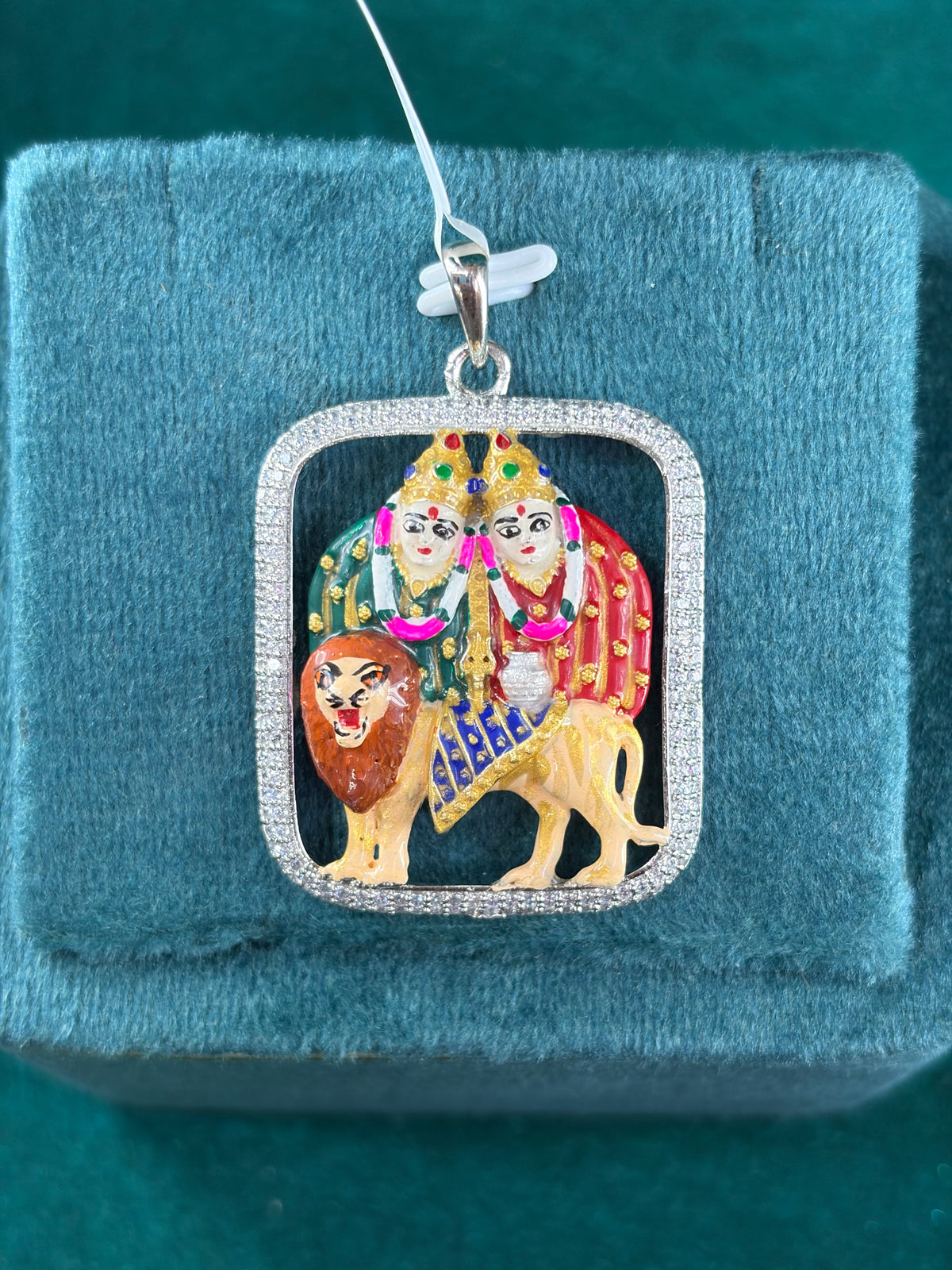 Durga on Lion Enamel Pendant, 925 Silver