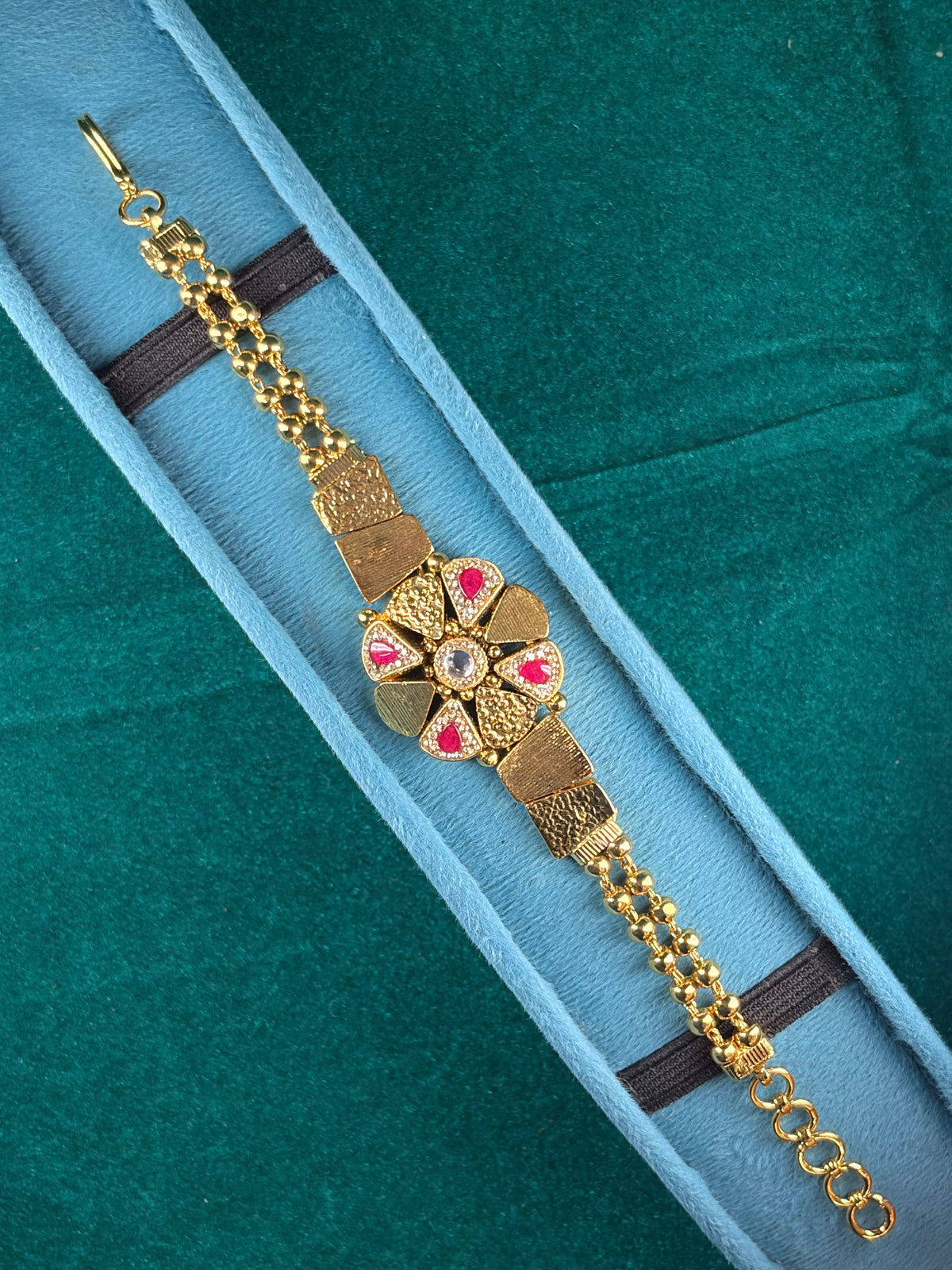 Antique Cross Medallion Bracelet – Ruby-Tone Pear Accents, 925 Silver