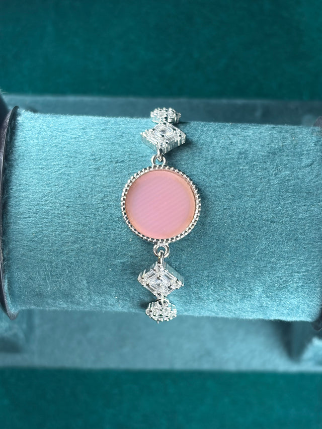 Pink-Tone Cabochon Bracelet – Deco Baguette Frame, 925 Silver