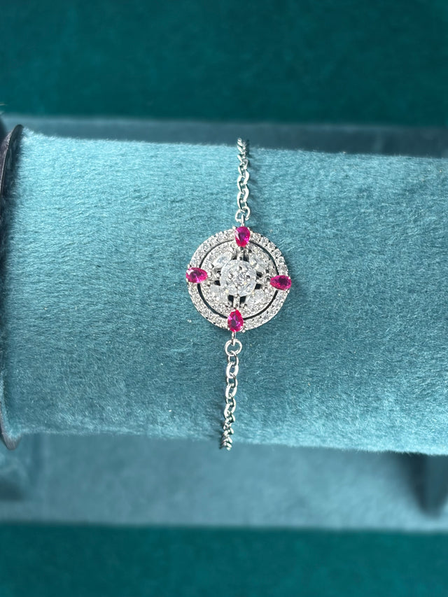 Compass Medallion Bracelet – Ruby-Tone Accents, 925 Silver