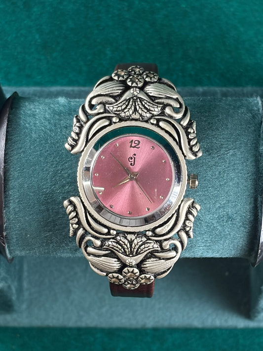Floral Scroll Watch – Rose Dial, 925 Silver