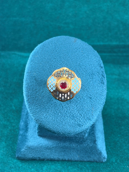 Greek Key Enamel Ring – Turquoise Border, 925 Silver