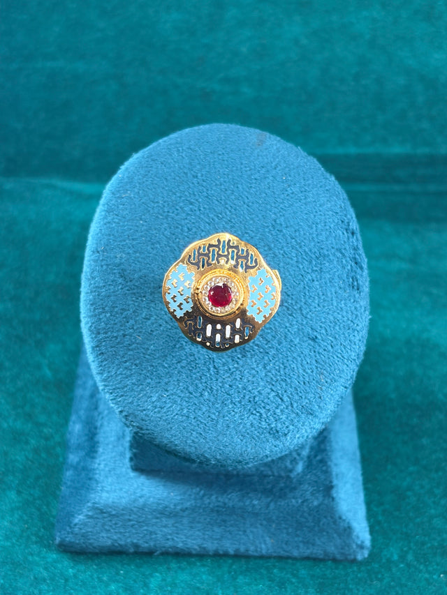 Greek Key Enamel Ring – Turquoise Border, 925 Silver