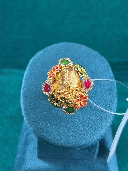 Meenakari Peacock Fan Ring – Ruby & Emerald-Tone, 925 Silver