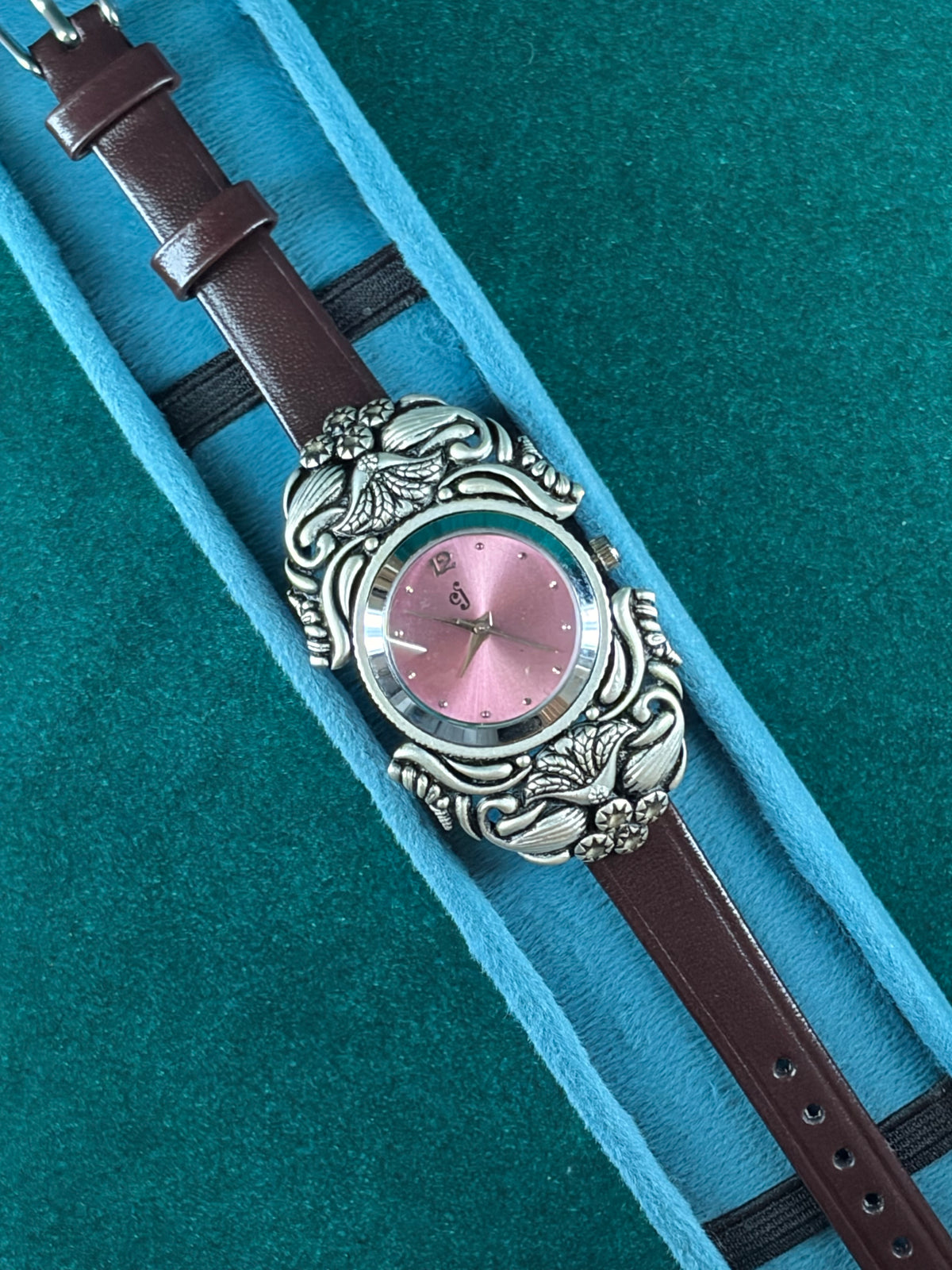 Floral Scroll Watch – Rose Dial, 925 Silver